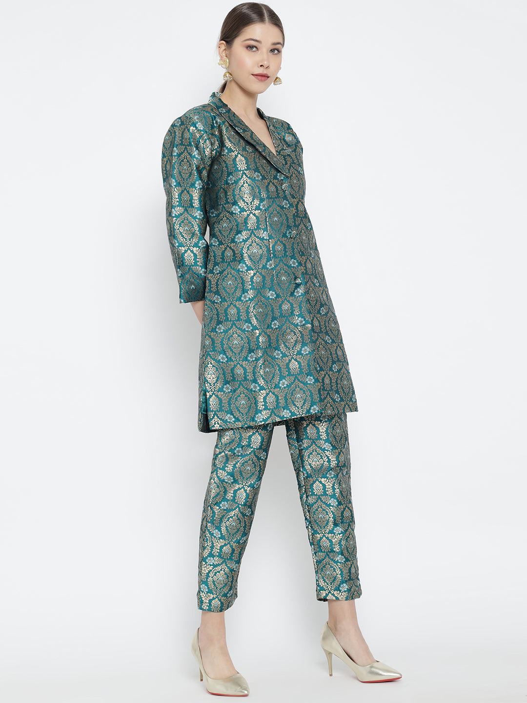 Turquoise Green Jacquard Banarasi Brocade A-Line Blazer With Pant