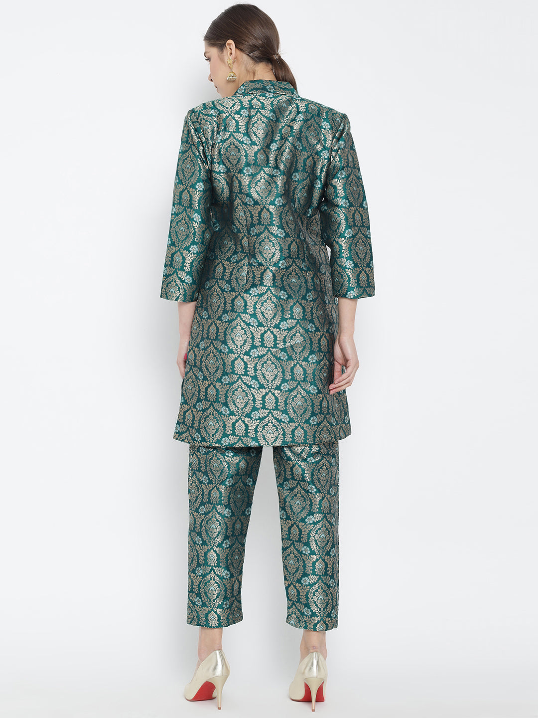 Turquoise Green Jacquard Banarasi Brocade A-Line Blazer With Pant