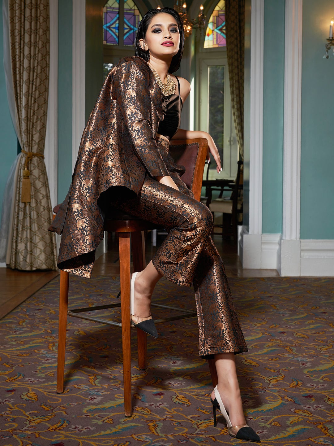 Copper Jacquard Banarasi Brocade A-Line Blazer With Pant