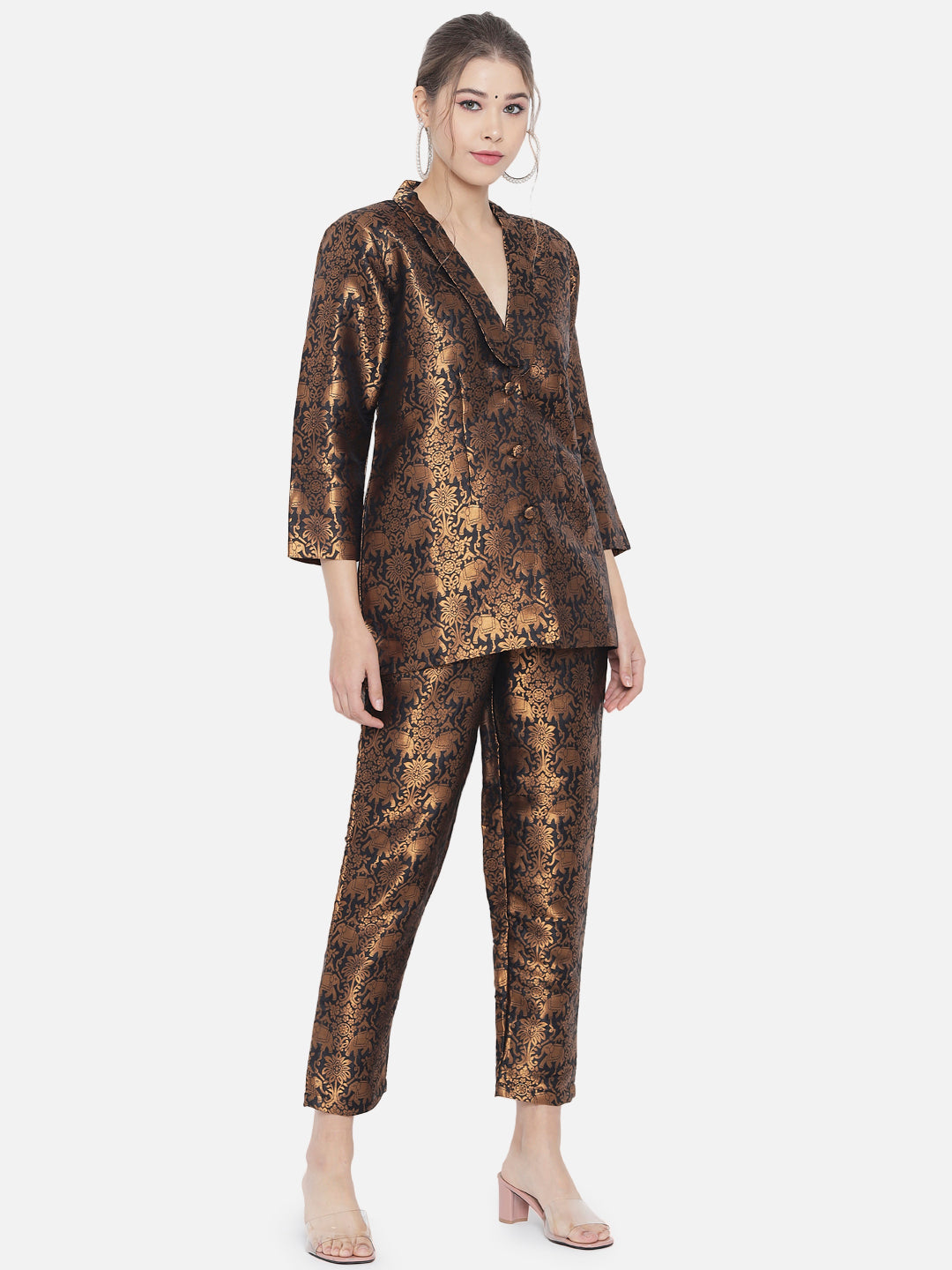 Copper Jacquard Banarasi Brocade A-Line Blazer With Pant