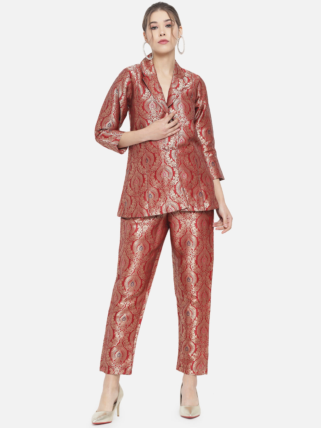 Maroon Jacquard Banarasi Brocade A-Line Blazer With Pant