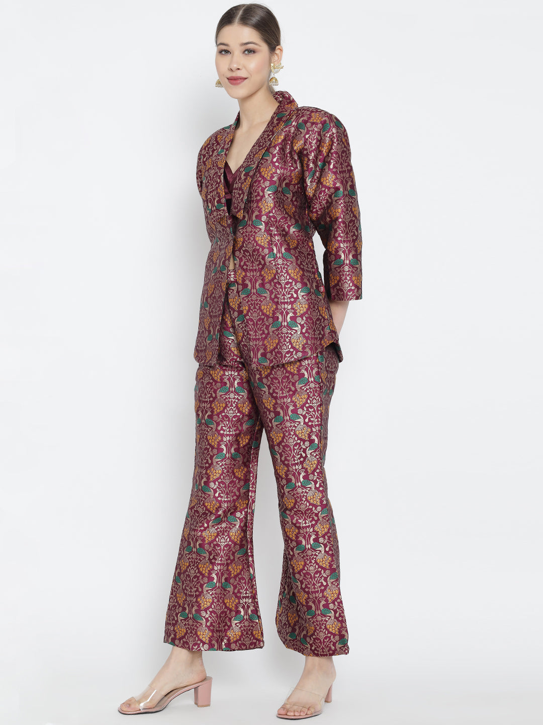 Dark Purple Jacquard Banarasi Brocade A-Line Blazer With Pant