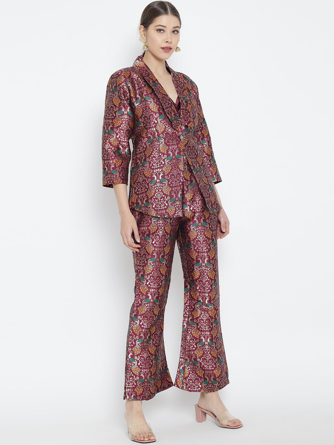 Dark Purple Jacquard Banarasi Brocade A-Line Blazer With Pant