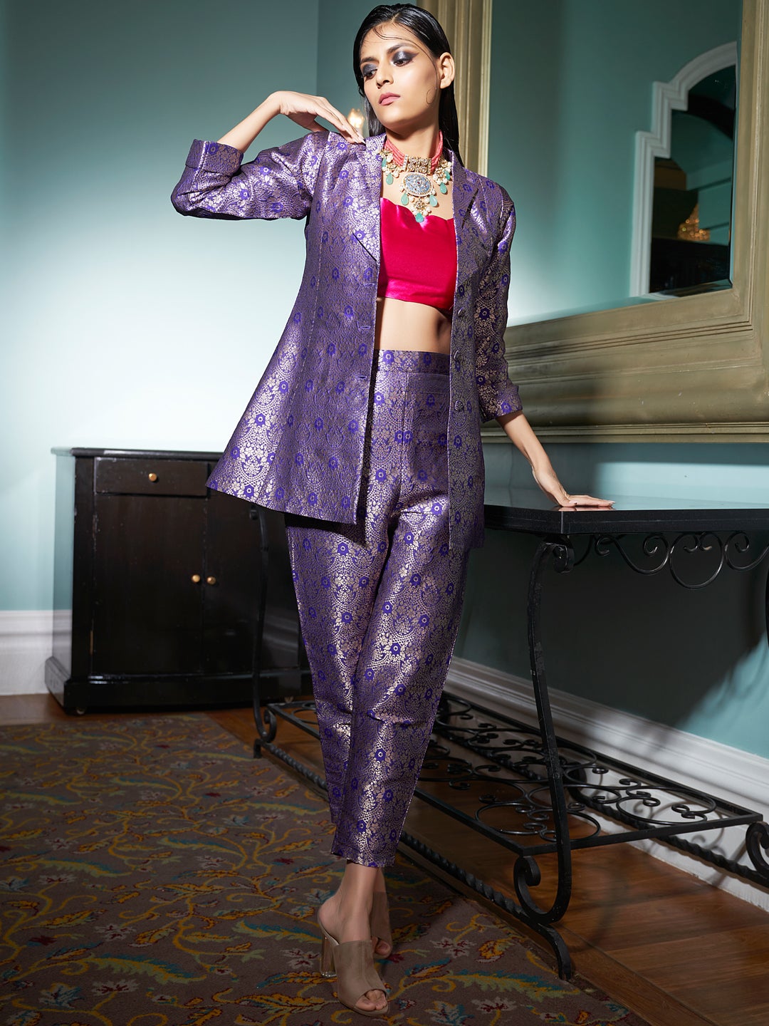 Violet Jacquard Banarasi Brocade Straight Blazer With Pant