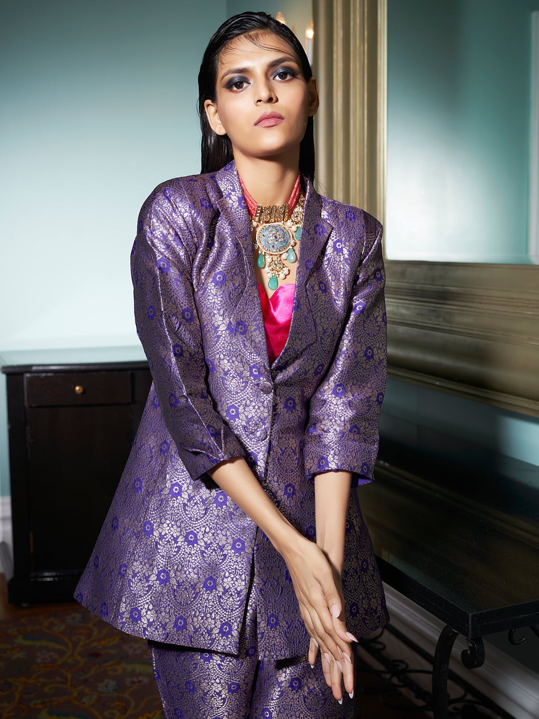 Violet Jacquard Banarasi Brocade Straight Blazer With Pant