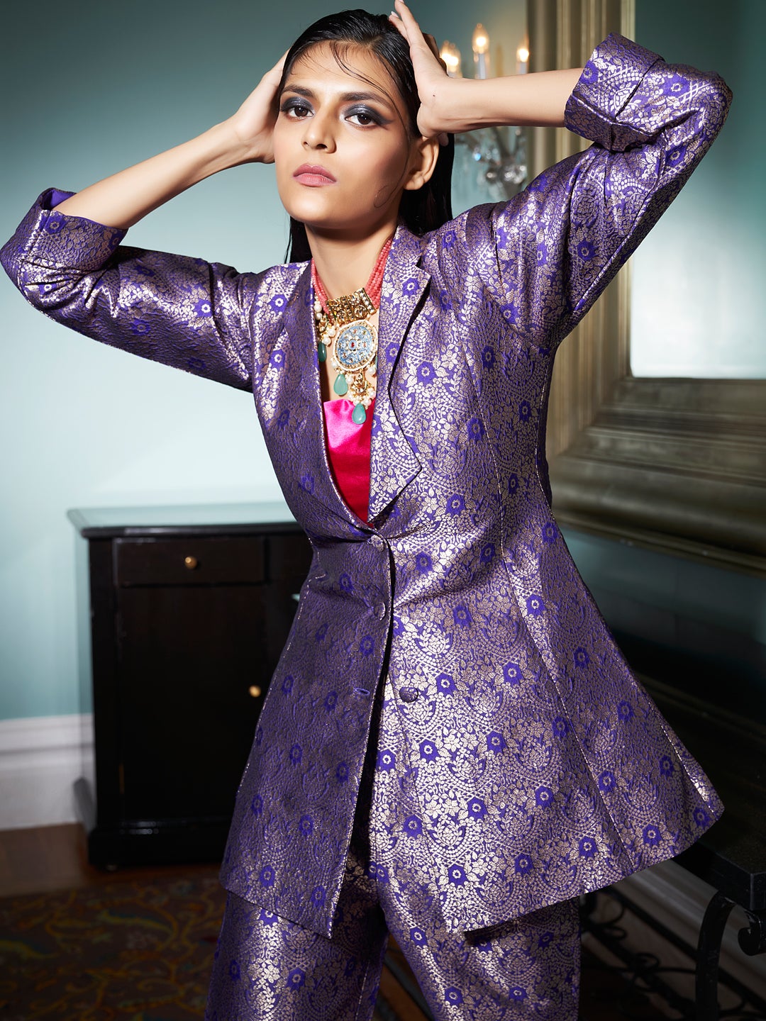 Violet Jacquard Banarasi Brocade Straight Blazer With Pant