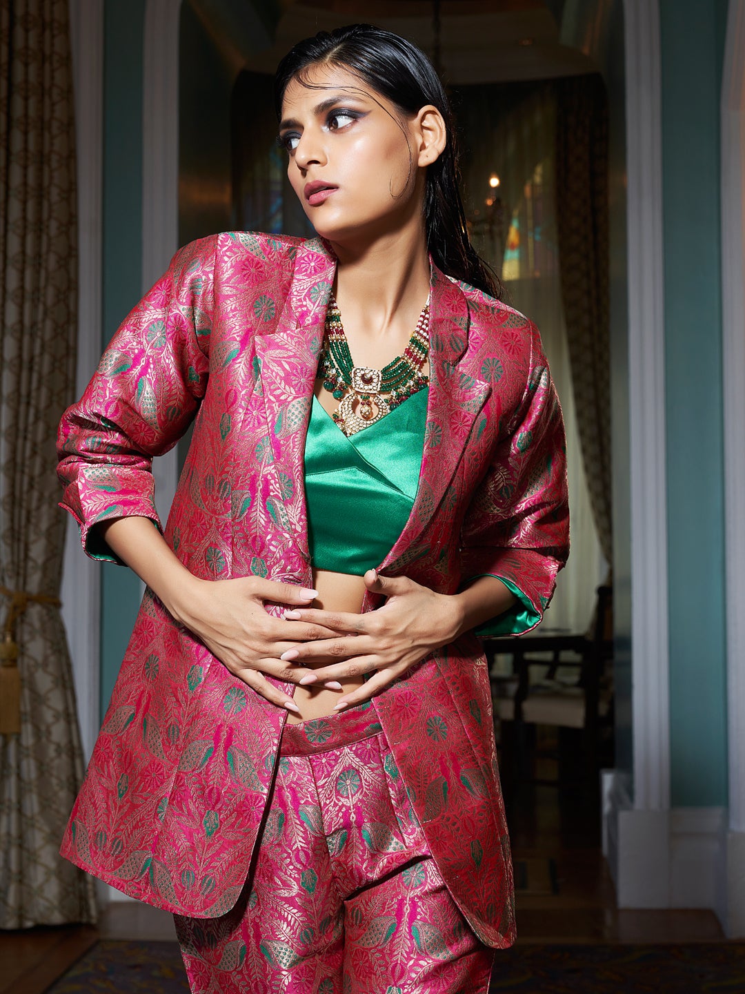 Dark Peach Jacquard Banarasi Brocade A-Line Blazer With Pant