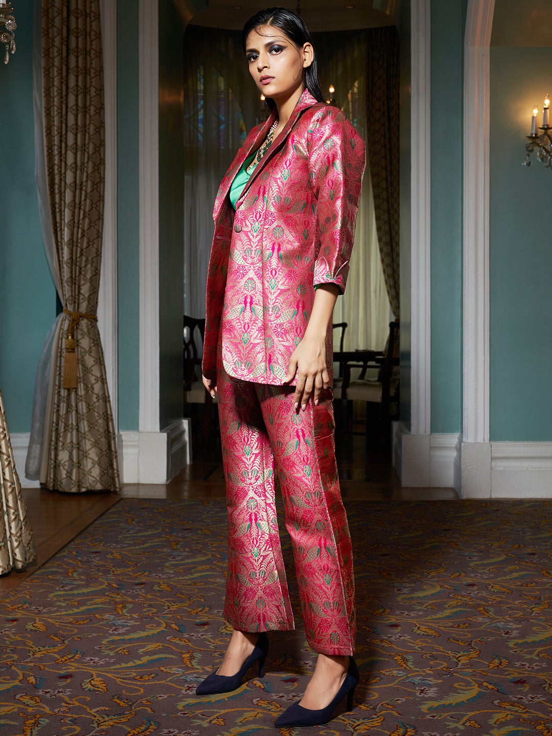 Dark Peach Jacquard Banarasi Brocade A-Line Blazer With Pant