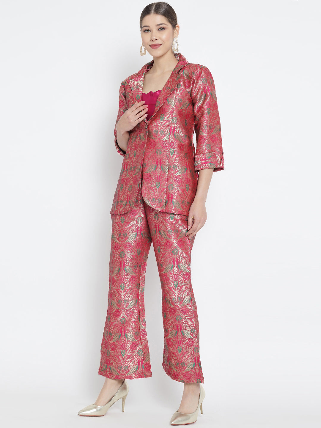 Dark Peach Jacquard Banarasi Brocade A-Line Blazer With Pant