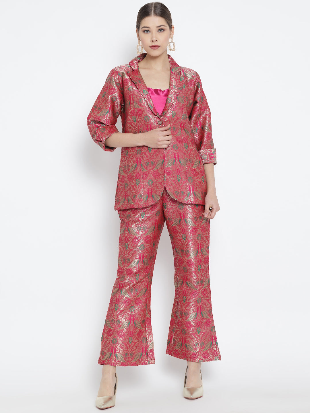 Dark Peach Jacquard Banarasi Brocade A-Line Blazer With Pant