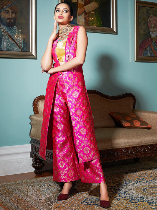 Bright Pink Jacquard Banarasi Brocade Straight Jacket With Pant