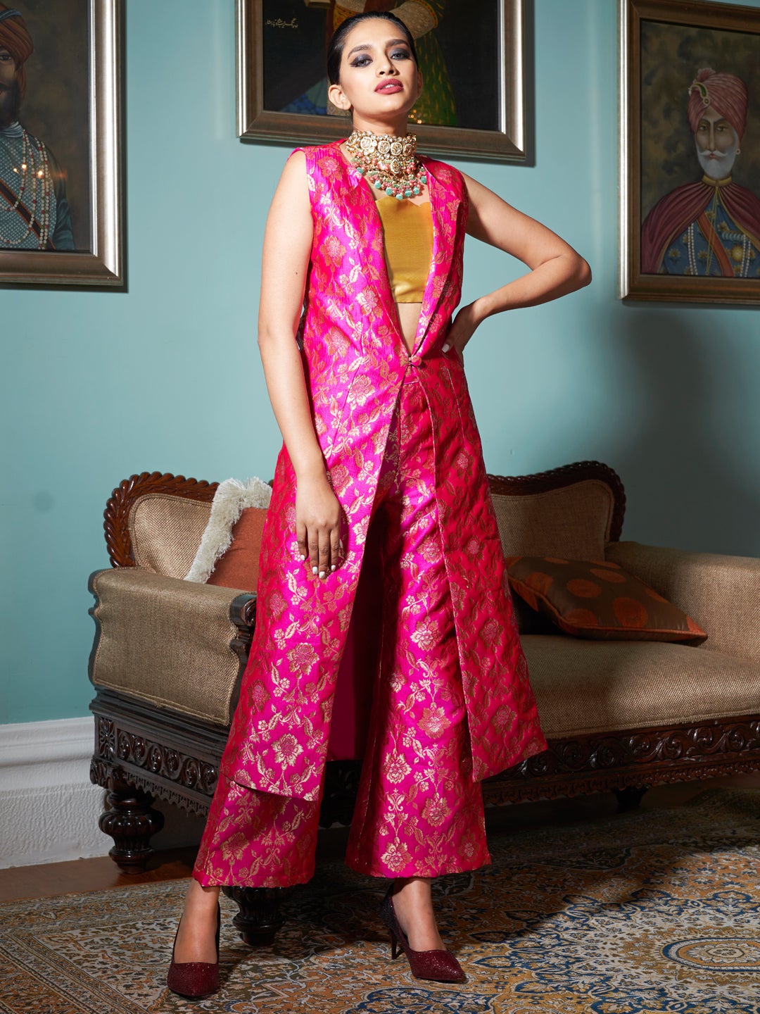 Bright Pink Jacquard Banarasi Brocade Straight Jacket With Pant