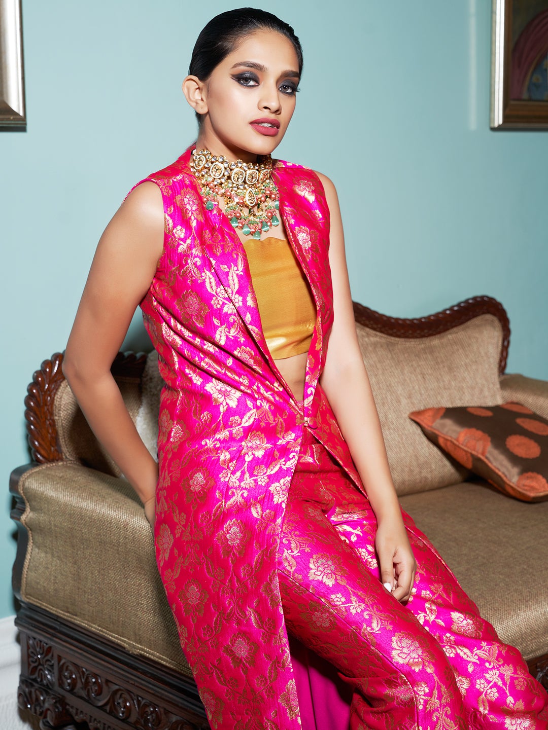 Bright Pink Jacquard Banarasi Brocade Straight Jacket With Pant