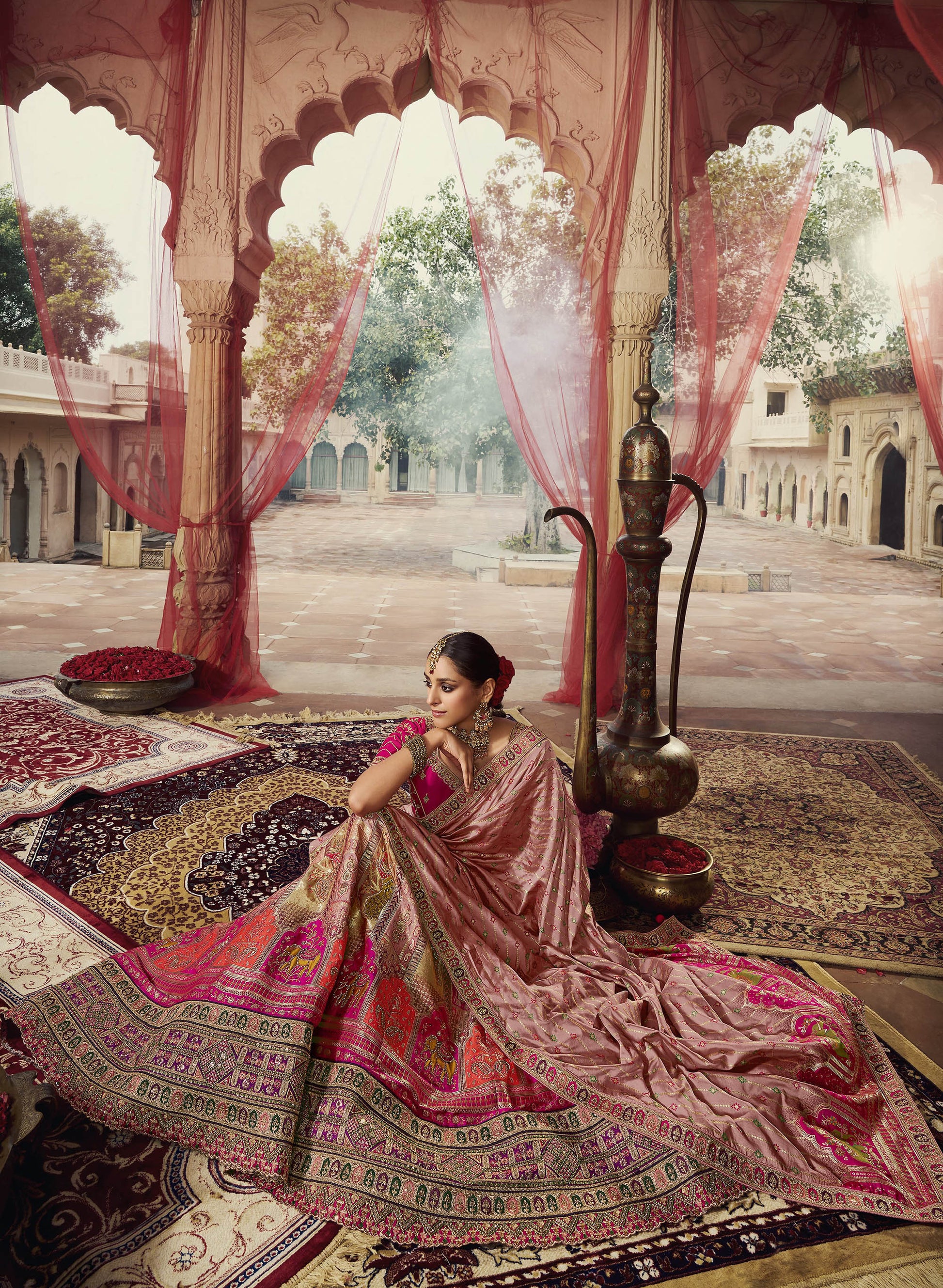 Rose Pink Color Banarasi Silk Bridal Lehenga