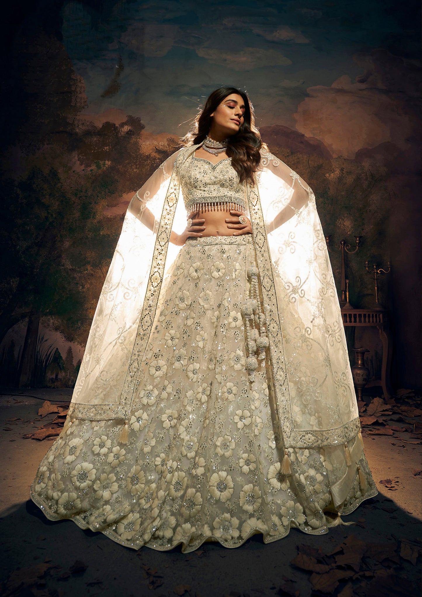 White Net Hand Embroidery Sangeet Lehenga