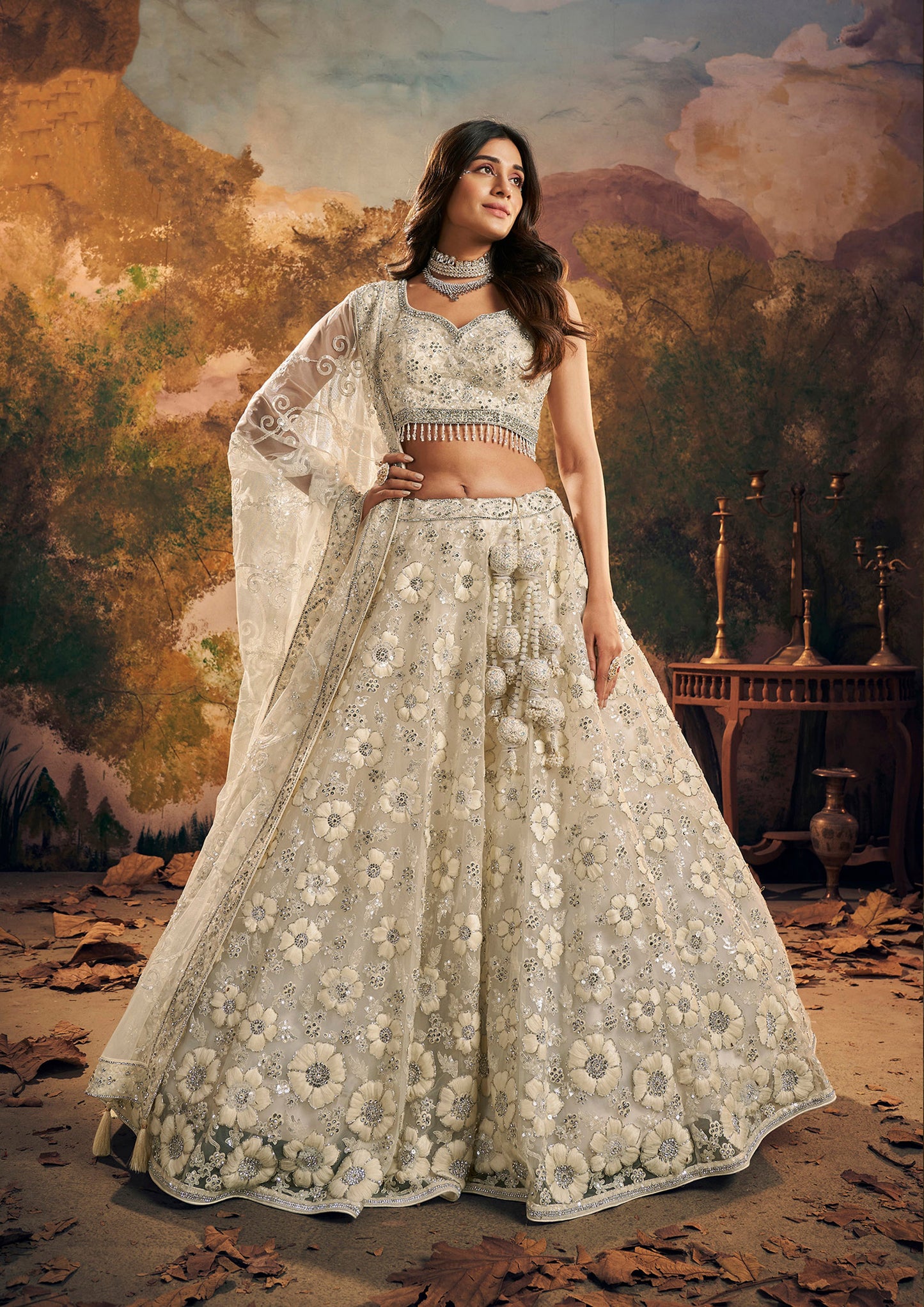 White Net Hand Embroidery Sangeet Lehenga