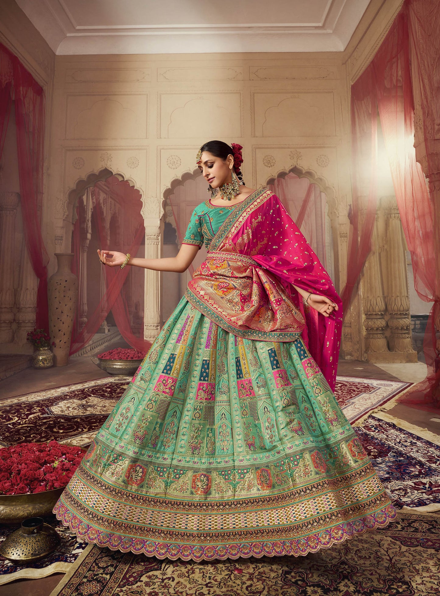 Sea Green Sequins Work Banarasi Silk Bridal Lehenga