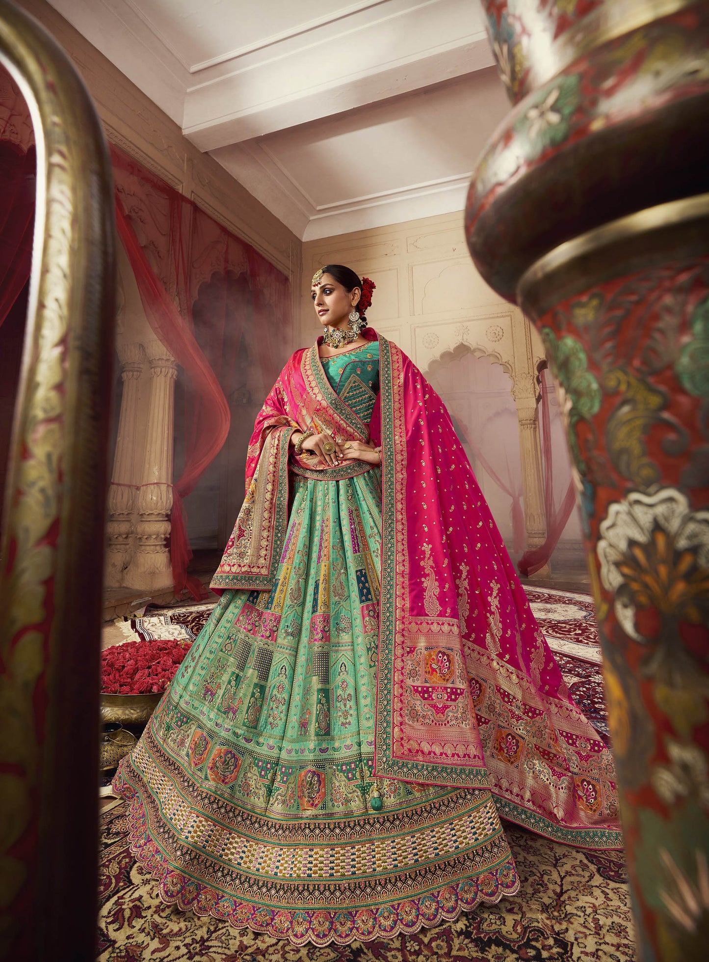 Sea Green Sequins Work Banarasi Silk Bridal Lehenga