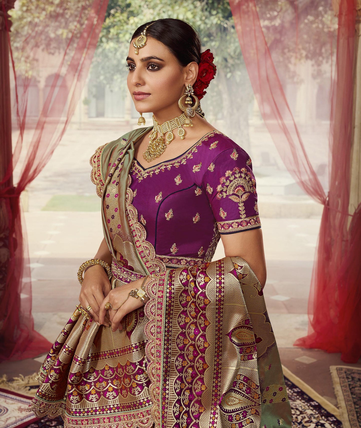 Dark Purple Sequins Work Banarasi Silk Bridal Lehenga