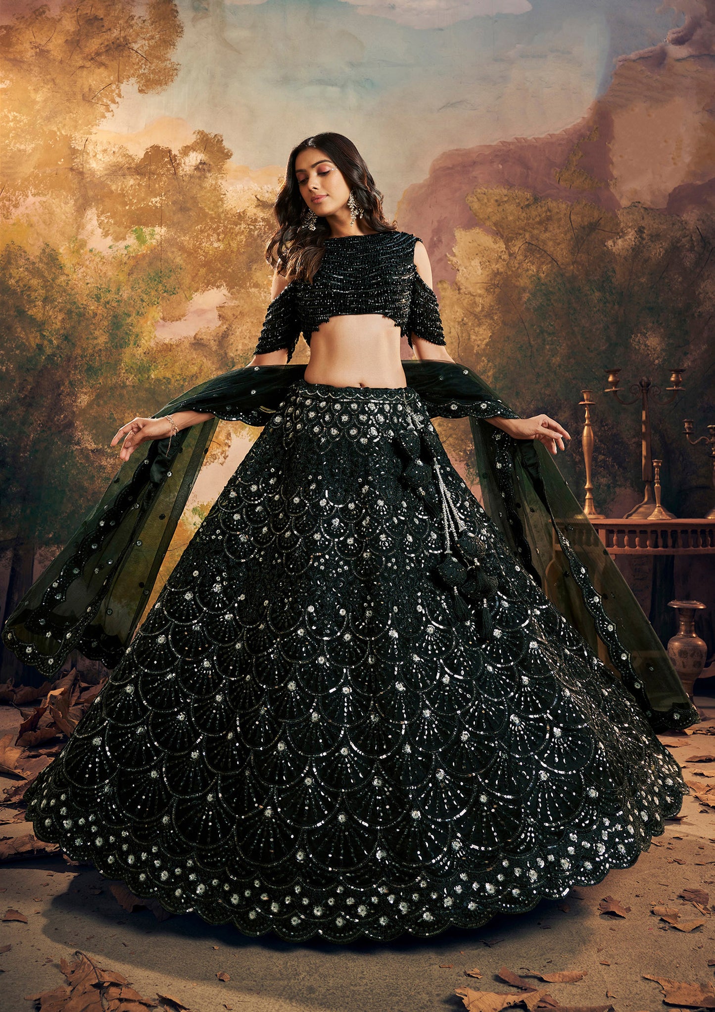 Black Net Hand Embroidery Party Wear Lehenga