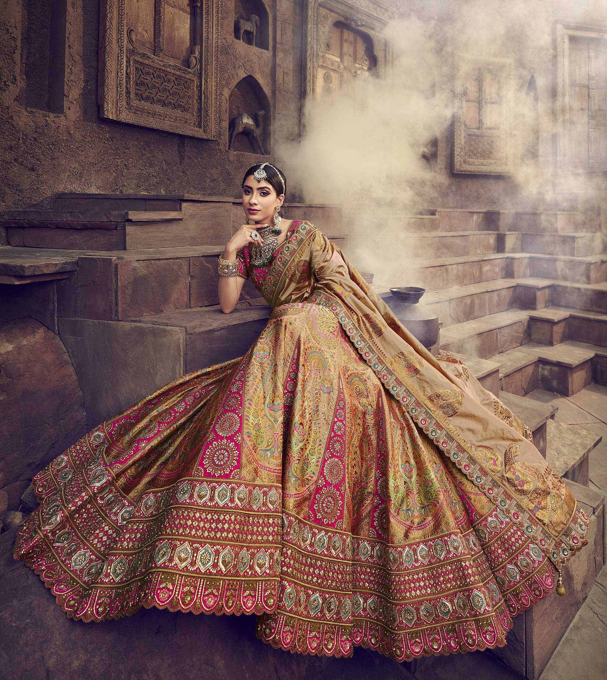 Beige and Pink Silk Resham Embroidered Bridal Lehenga Choli