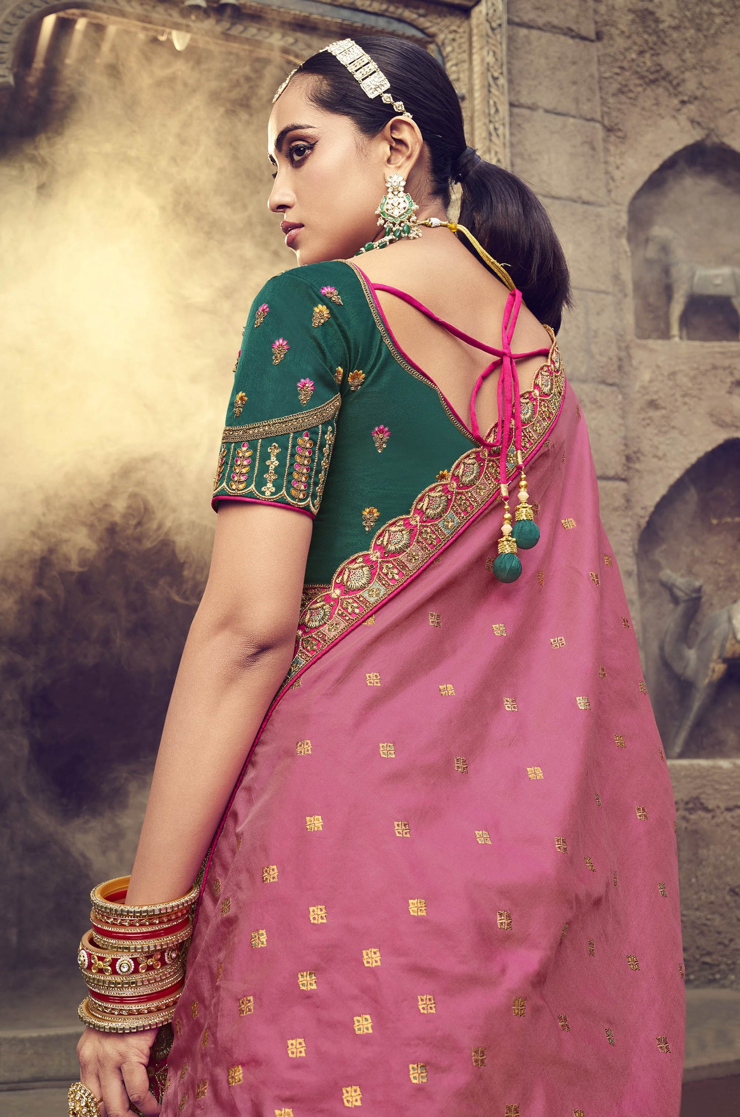 Pink and Green Silk Resham Embroidered Bridal Lehenga Choli