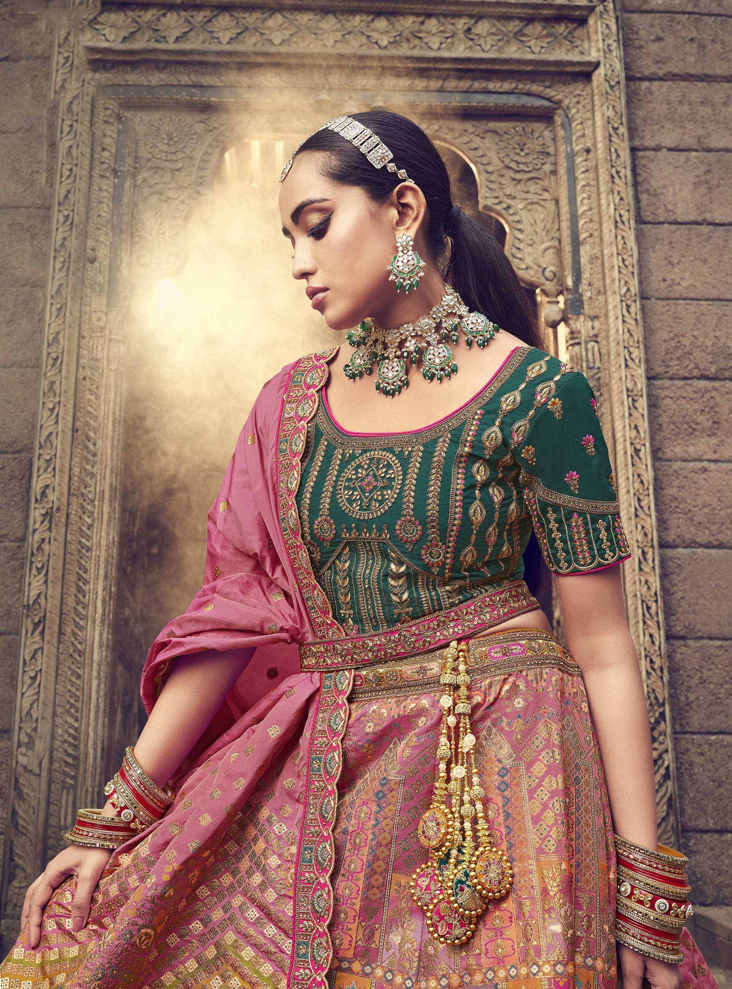 Pink and Green Silk Resham Embroidered Bridal Lehenga Choli