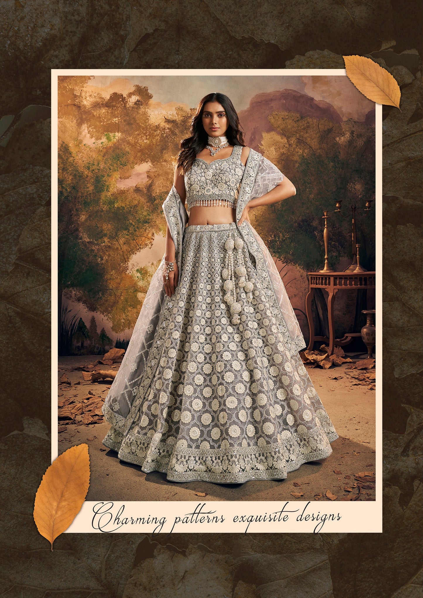 Grey Net Hand Embroidery Engagement Lehenga