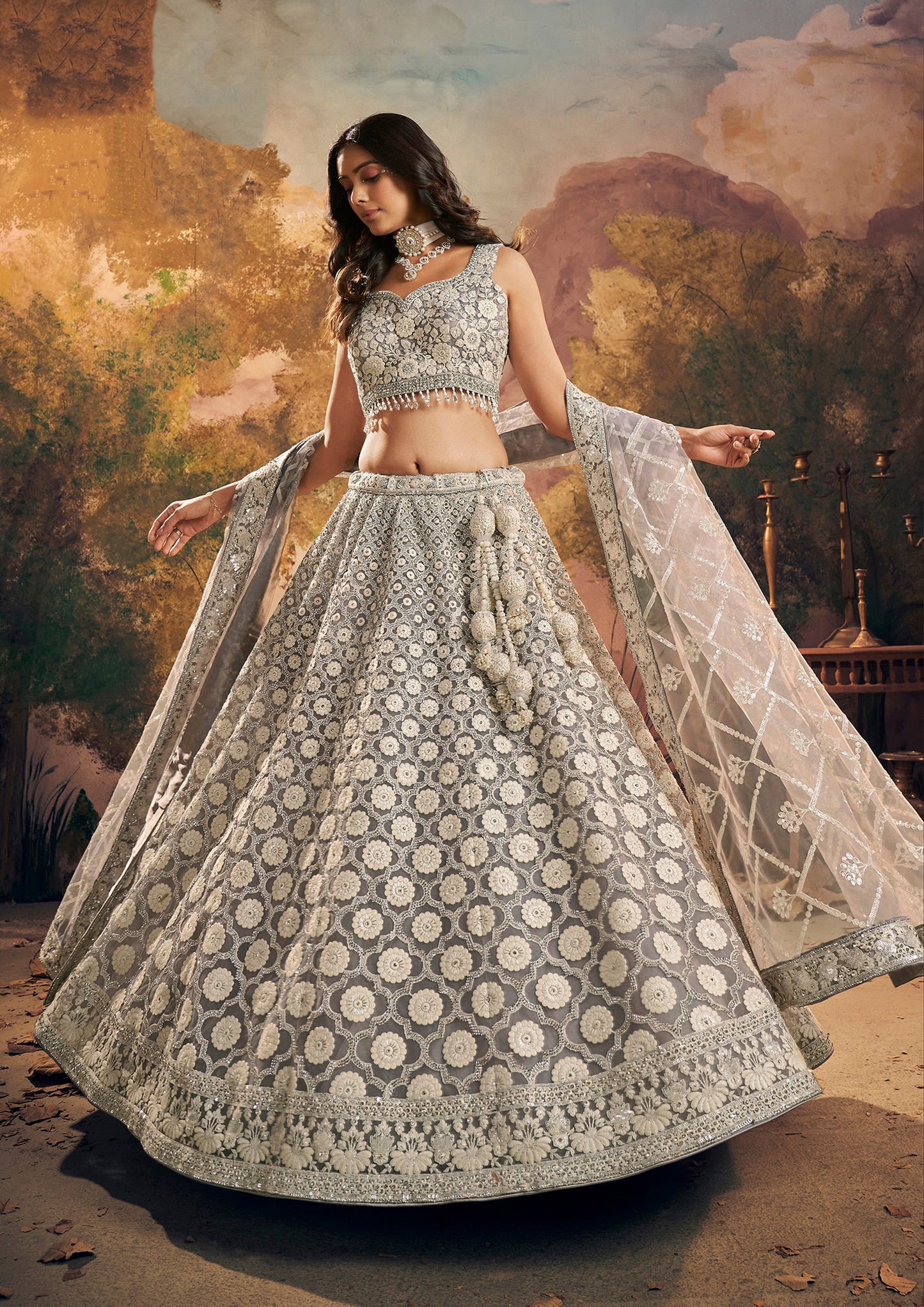 Grey Net Hand Embroidery Engagement Lehenga