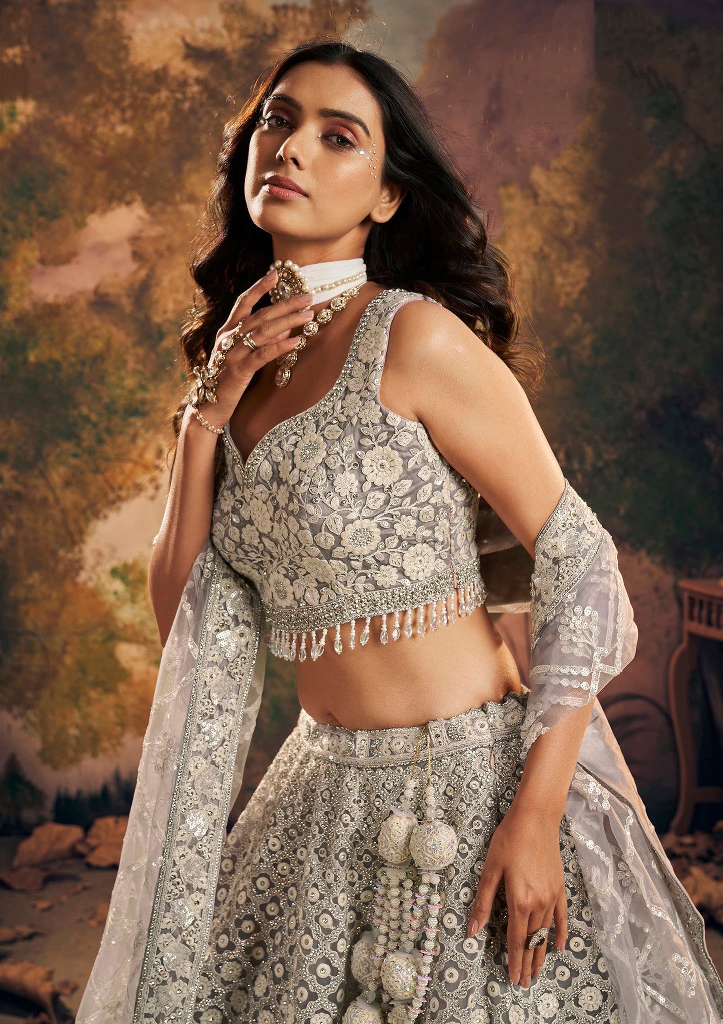 Grey Net Hand Embroidery Engagement Lehenga