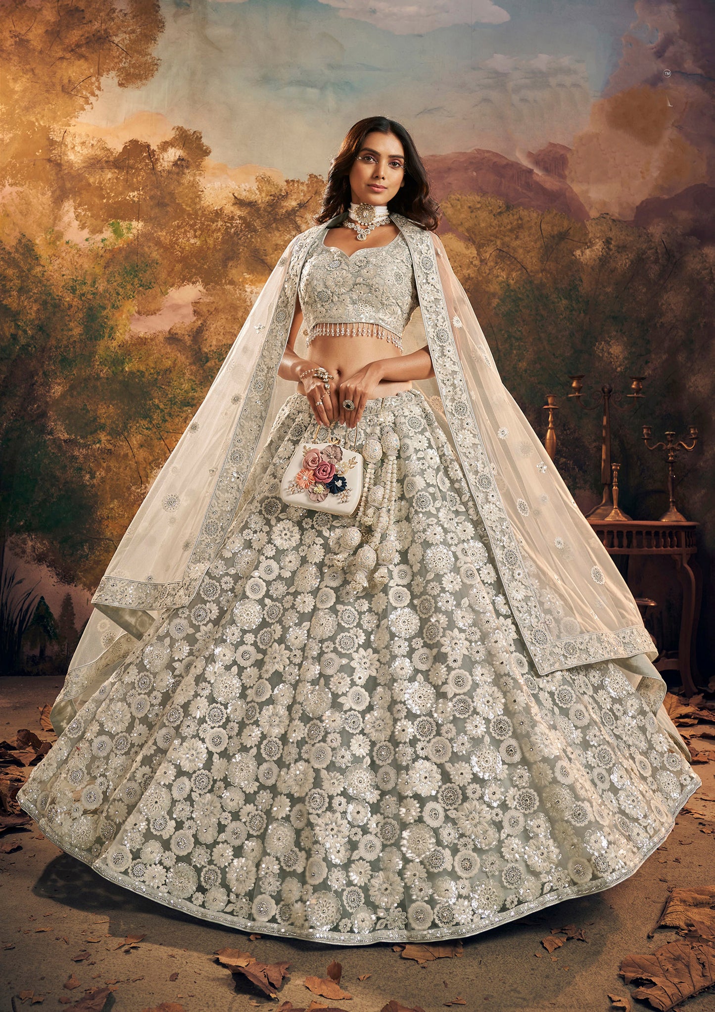 Grey Net Hand & Floral Embroidery Bridesmaid Lehenga