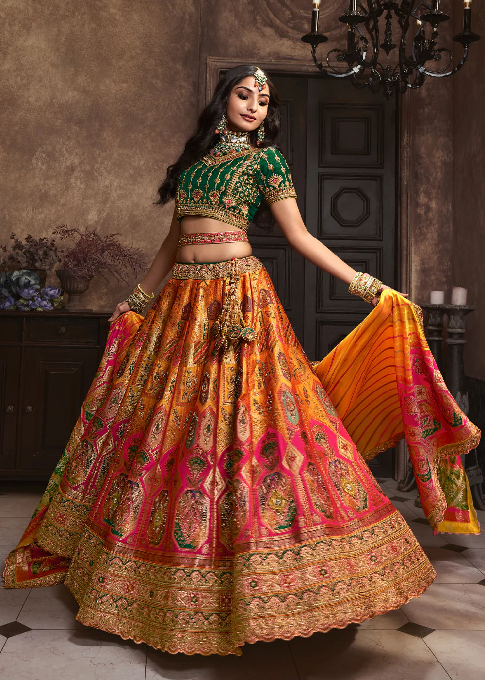 Green, Yellow, Pink Banarasi Silk Sequence Embroidered Royal Bridal Lehenga