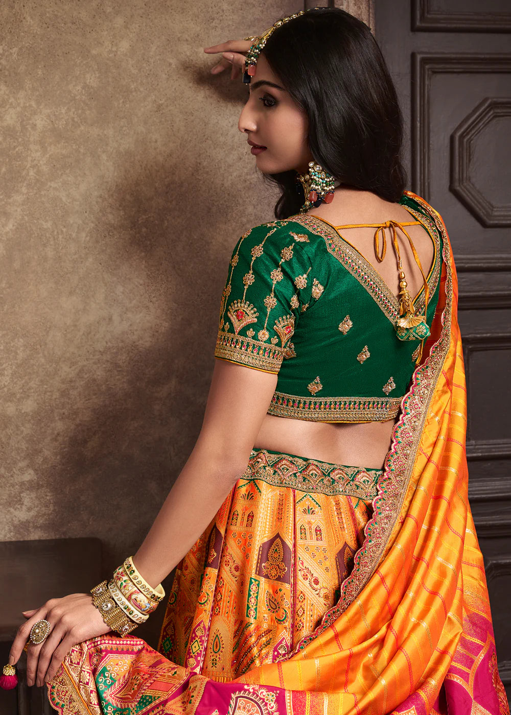 Green, Yellow, Pink Banarasi Silk Sequence Embroidered Royal Bridal Lehenga