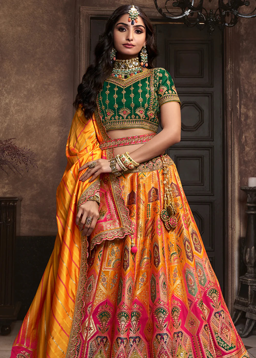 Green, Yellow, Pink Banarasi Silk Sequence Embroidered Royal Bridal Lehenga