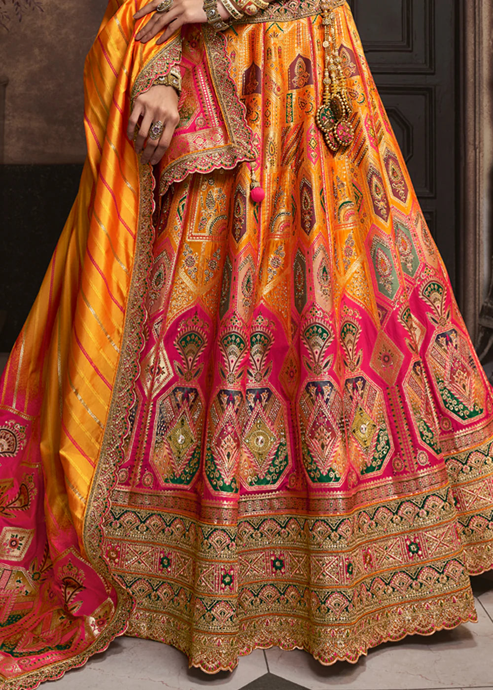 Green, Yellow, Pink Banarasi Silk Sequence Embroidered Royal Bridal Lehenga