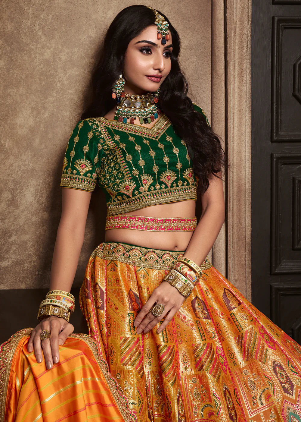 Green, Yellow, Pink Banarasi Silk Sequence Embroidered Royal Bridal Lehenga