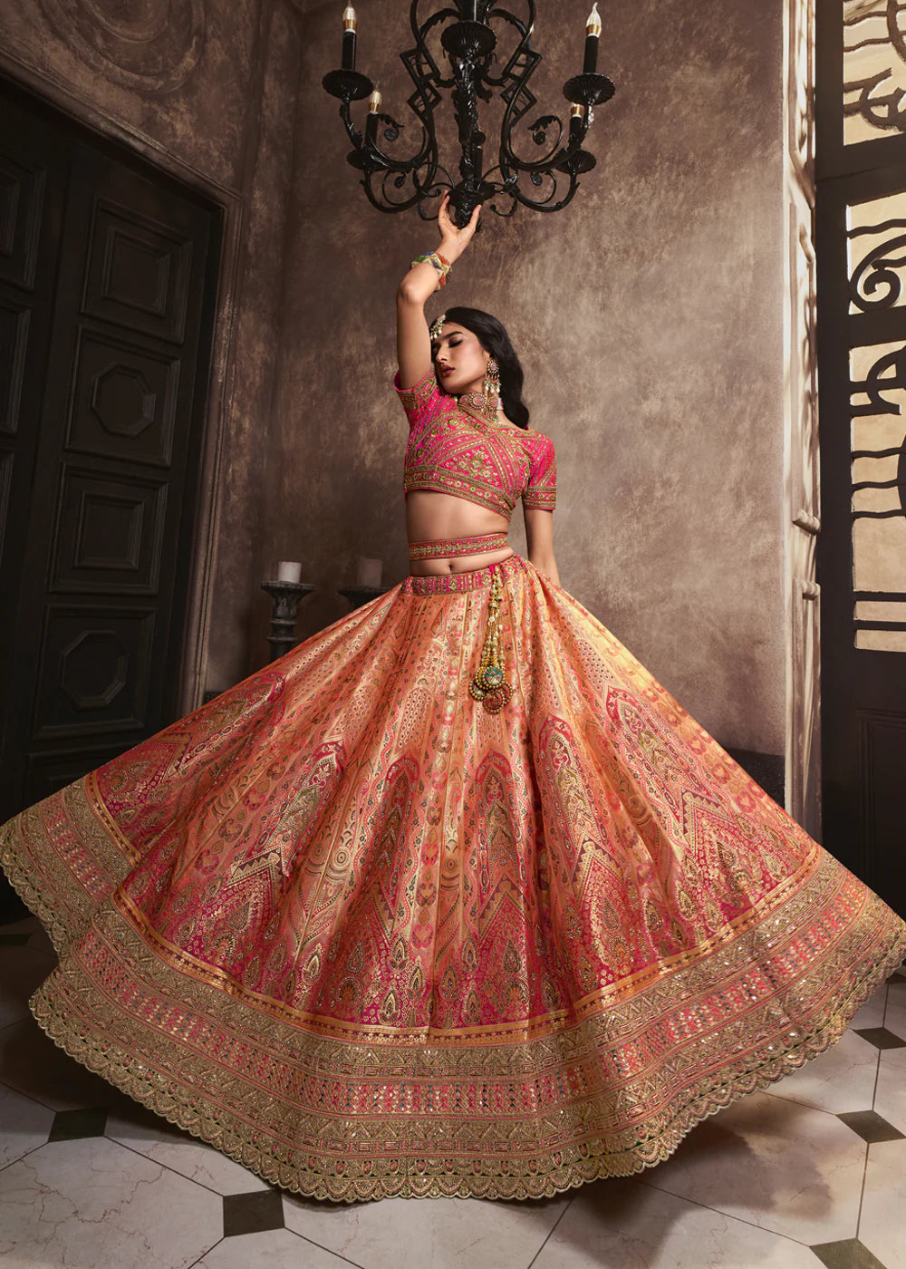 Peach, Pink Banarasi Silk Sequence Embroidered Royal Bridal Lehenga