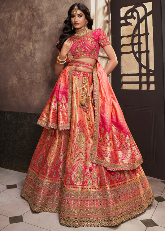 Peach, Pink Banarasi Silk Sequence Embroidered Royal Bridal Lehenga