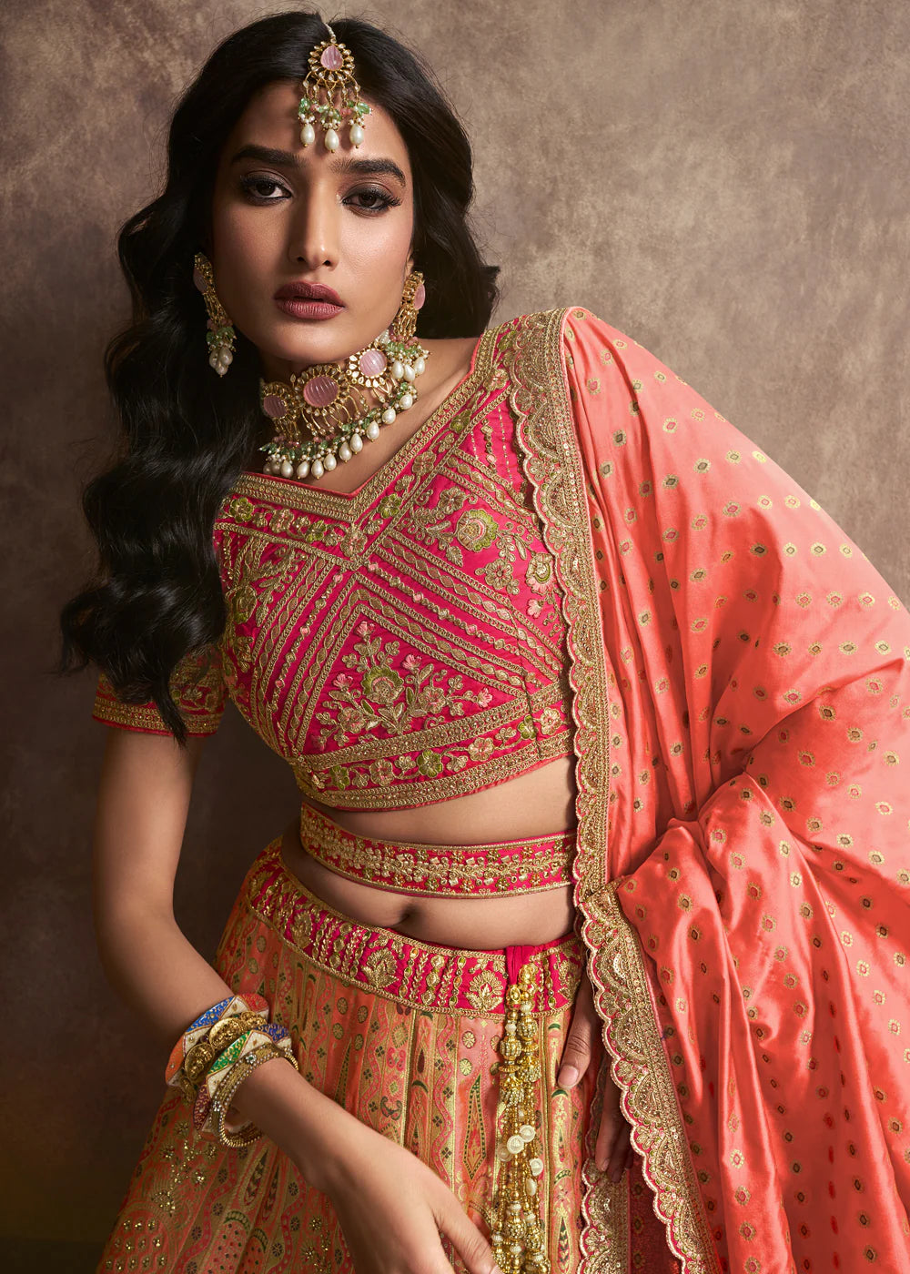 Peach, Pink Banarasi Silk Sequence Embroidered Royal Bridal Lehenga