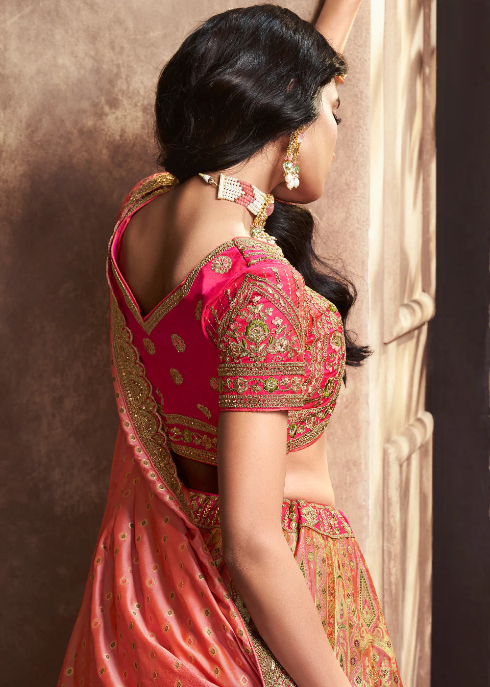 Peach, Pink Banarasi Silk Sequence Embroidered Royal Bridal Lehenga