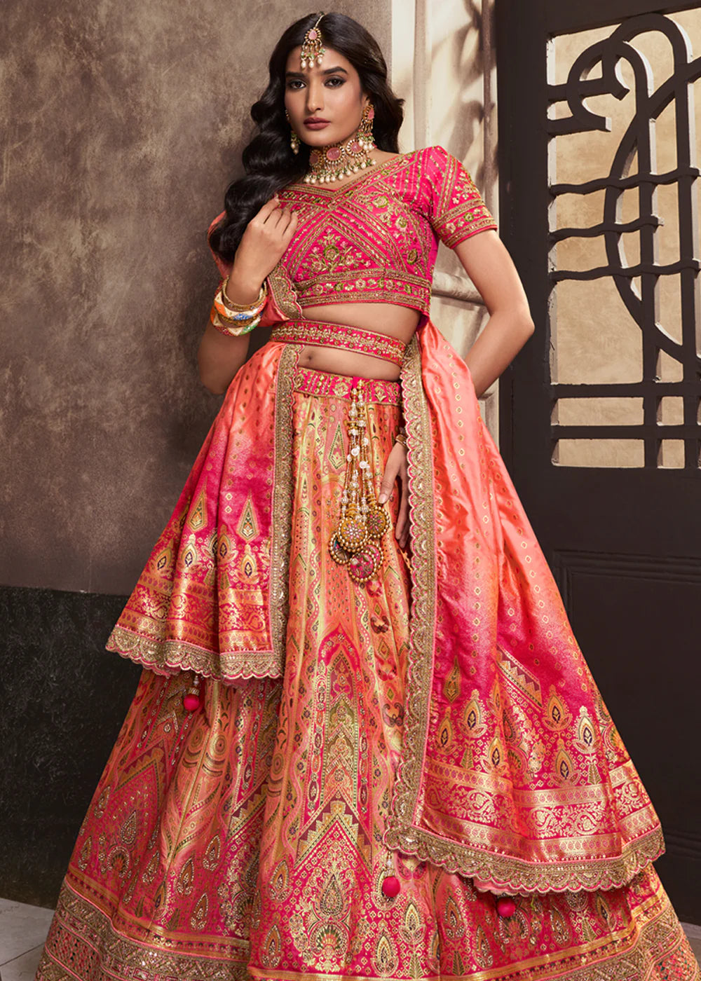 Peach, Pink Banarasi Silk Sequence Embroidered Royal Bridal Lehenga