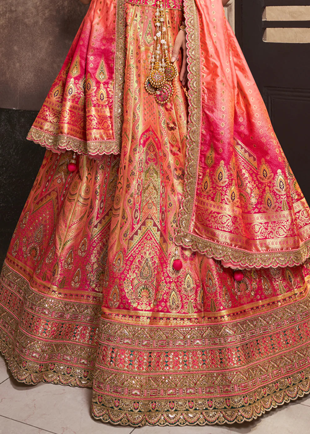 Peach, Pink Banarasi Silk Sequence Embroidered Royal Bridal Lehenga