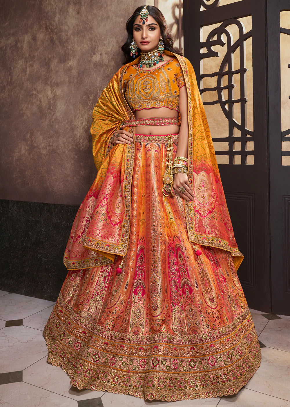 Sunset Yellow Banarasi Silk Sequence Embroidered Royal Bridal Lehenga