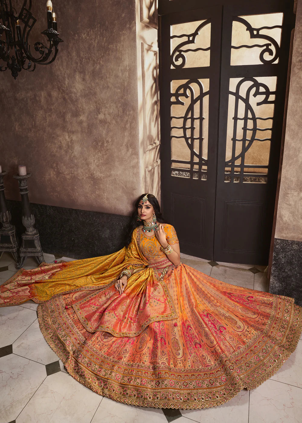 Sunset Yellow Banarasi Silk Sequence Embroidered Royal Bridal Lehenga