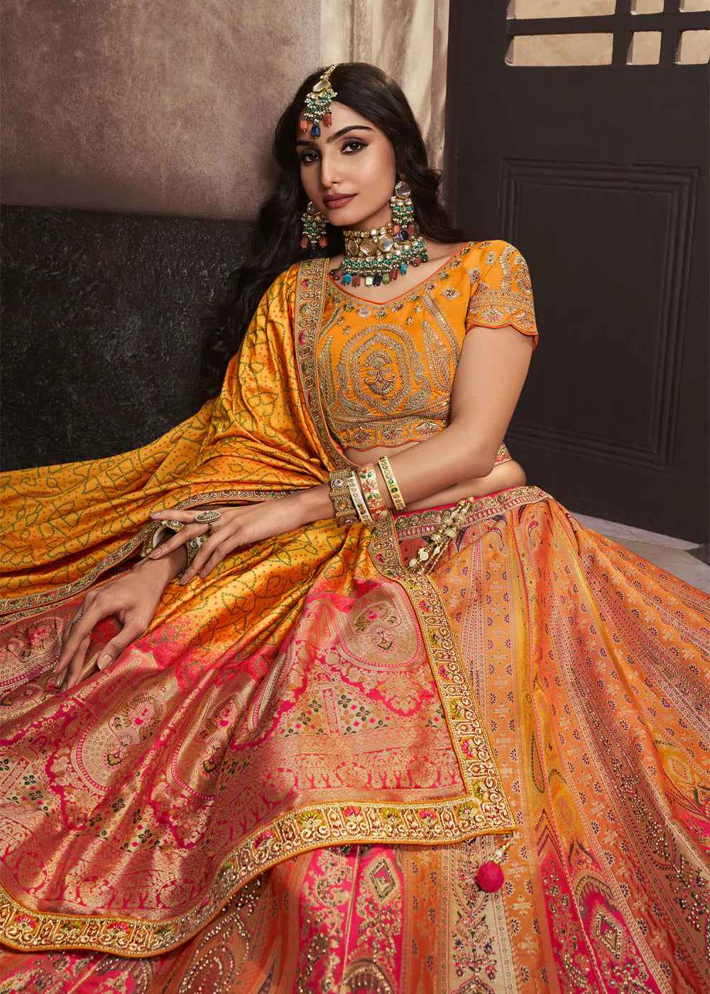 Sunset Yellow Banarasi Silk Sequence Embroidered Royal Bridal Lehenga