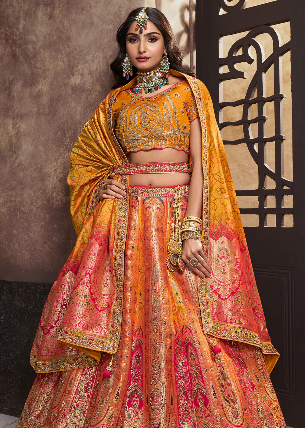 Sunset Yellow Banarasi Silk Sequence Embroidered Royal Bridal Lehenga