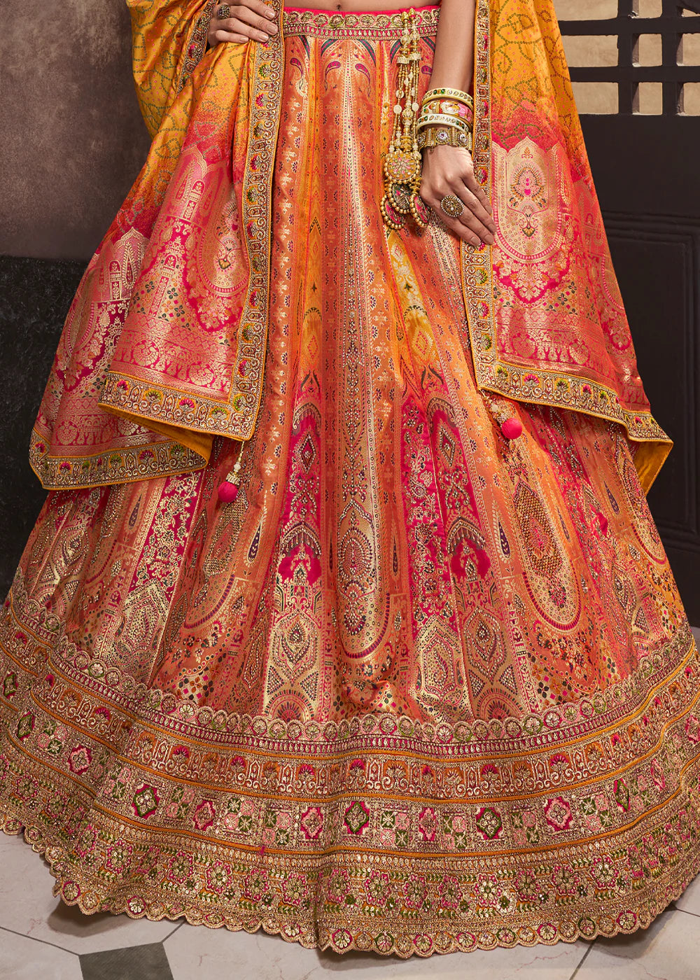 Sunset Yellow Banarasi Silk Sequence Embroidered Royal Bridal Lehenga