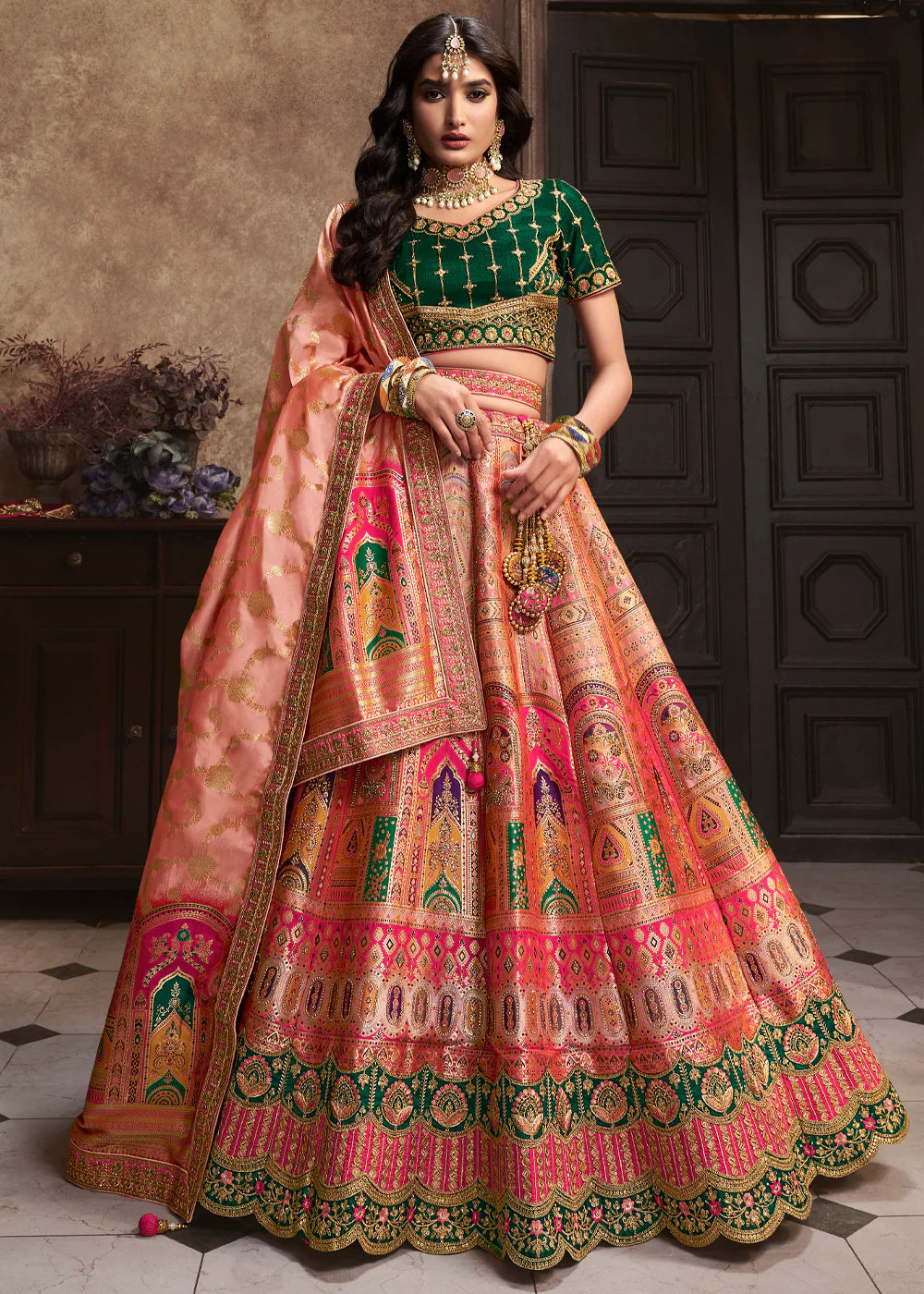 Peach, Green Banarasi Silk Sequence Embroidered Royal Bridal Lehenga