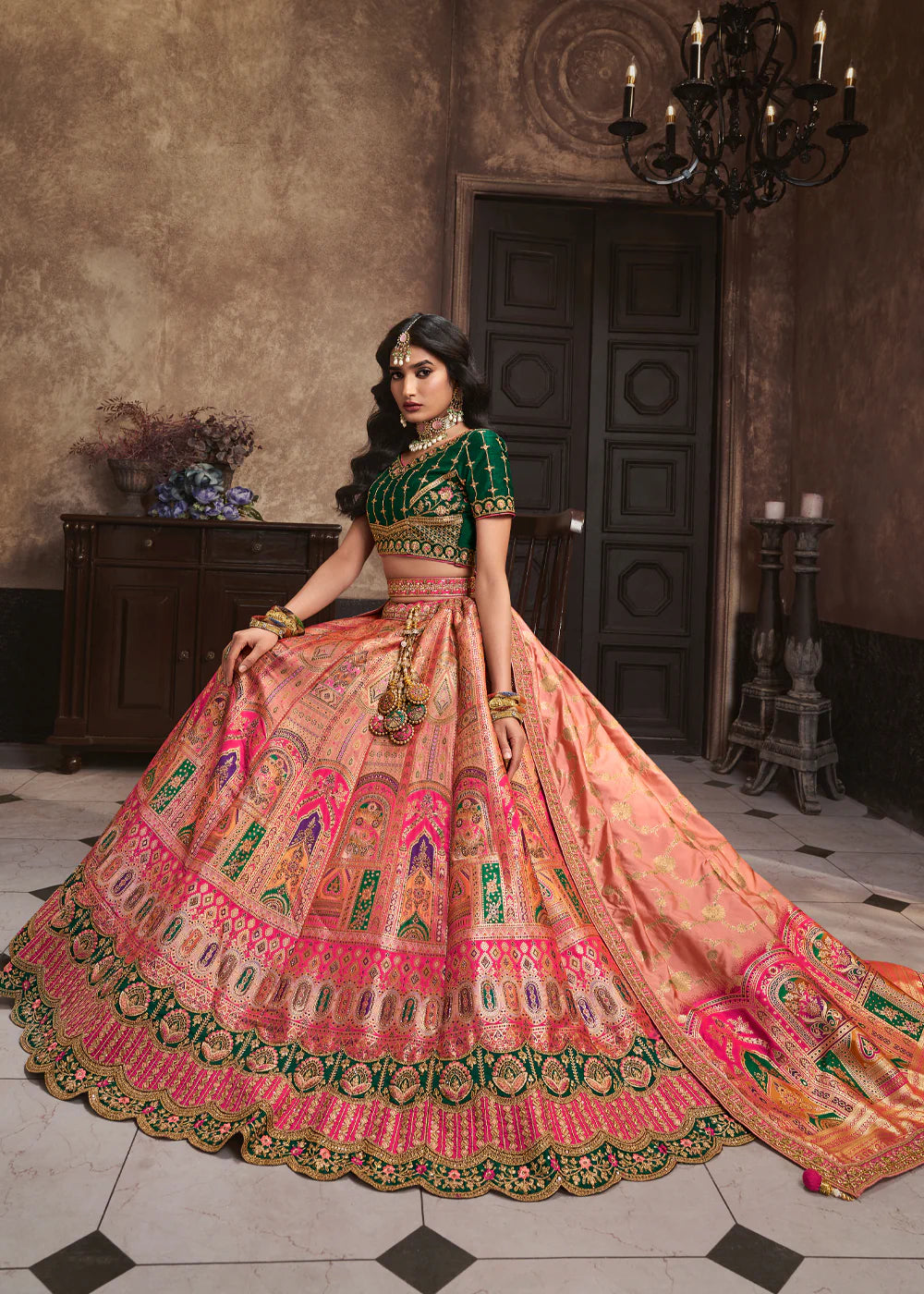 Peach, Green Banarasi Silk Sequence Embroidered Royal Bridal Lehenga