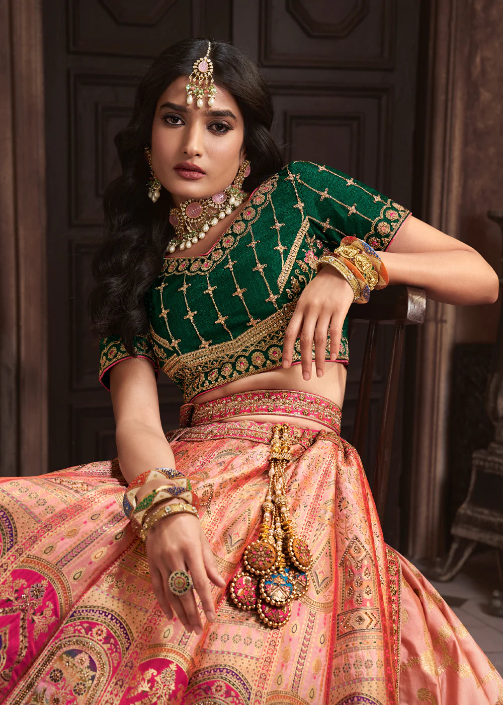 Peach, Green Banarasi Silk Sequence Embroidered Royal Bridal Lehenga